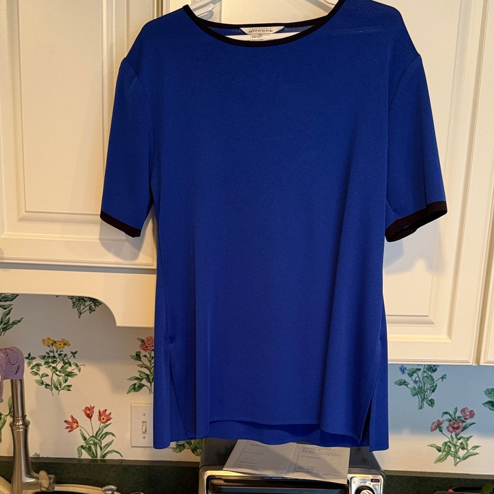 Misook Royal Blue Short Sleeve Top with Black Trim